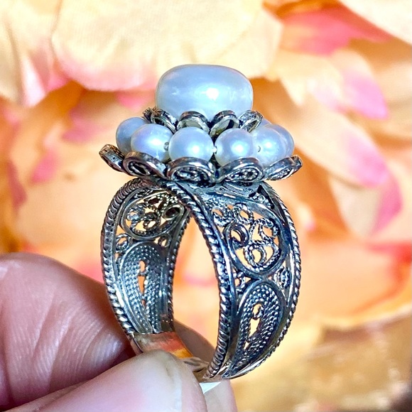 Vintage Estate Pearl Flower Cluster Ring ~ 925 Sterling Silver Antique Scroll - Picture 5 of 15